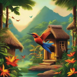 A petite firebird, radiant with warmth, distributing fire to three picturesque huts nestled amidst a dense, lush jungle. Indigenous people bask in their happiness as the fires illuminate their dwellings.