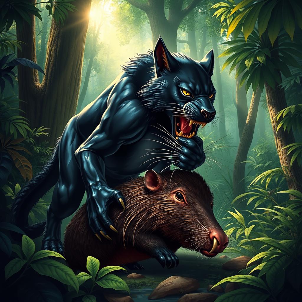 A unique and imaginative creature that combines the features of a wolf and a panther, depicted in a lush, vibrant jungle setting