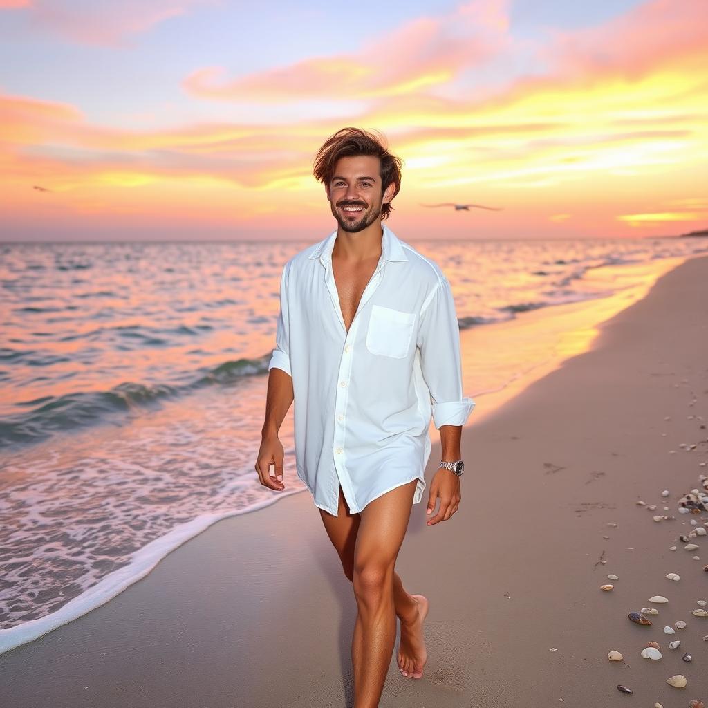 A man walking along a picturesque beach at sunset, with soft waves lapping at his feet