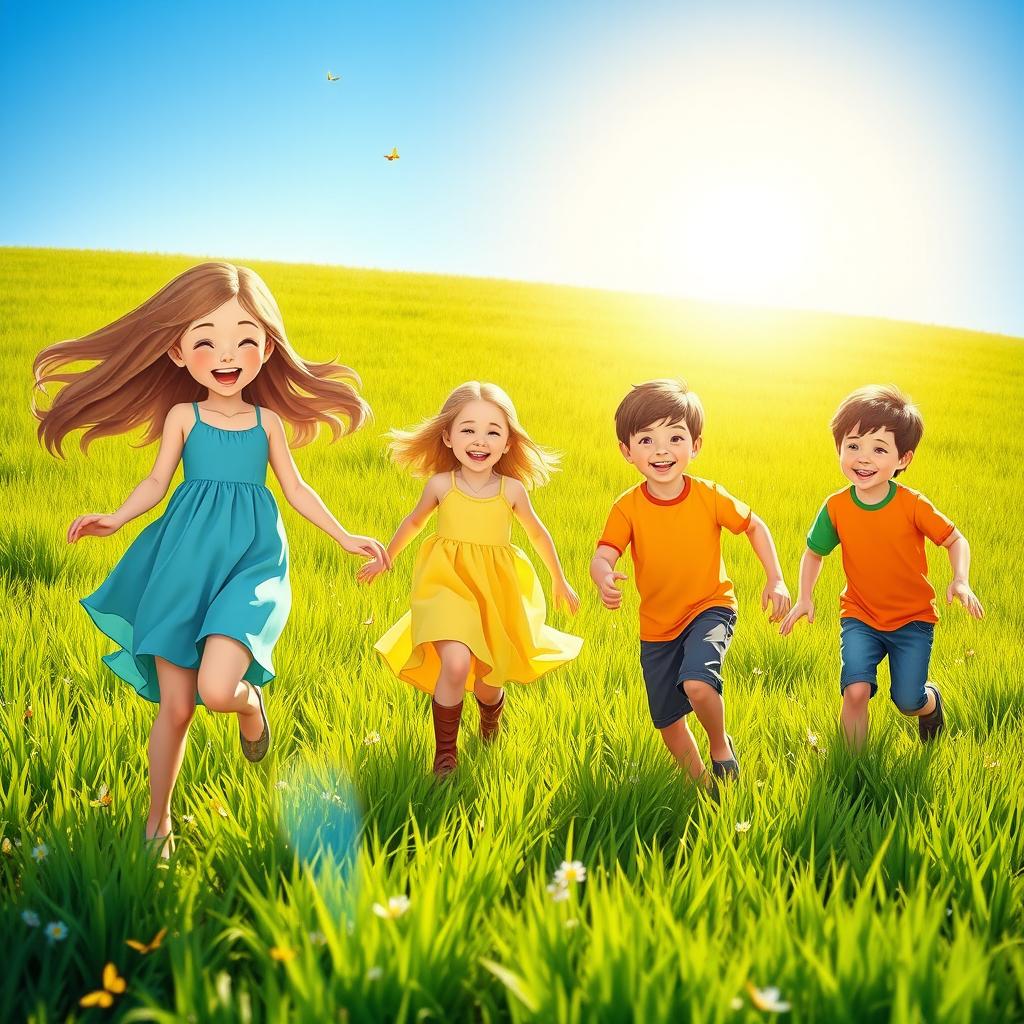 A vibrant scene of two girls and three boys joyfully playing together in a lush green field