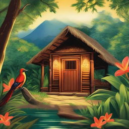 A petite firebird, radiant with warmth, distributing fire to three picturesque huts nestled amidst a dense, lush jungle. Indigenous people bask in their happiness as the fires illuminate their dwellings.