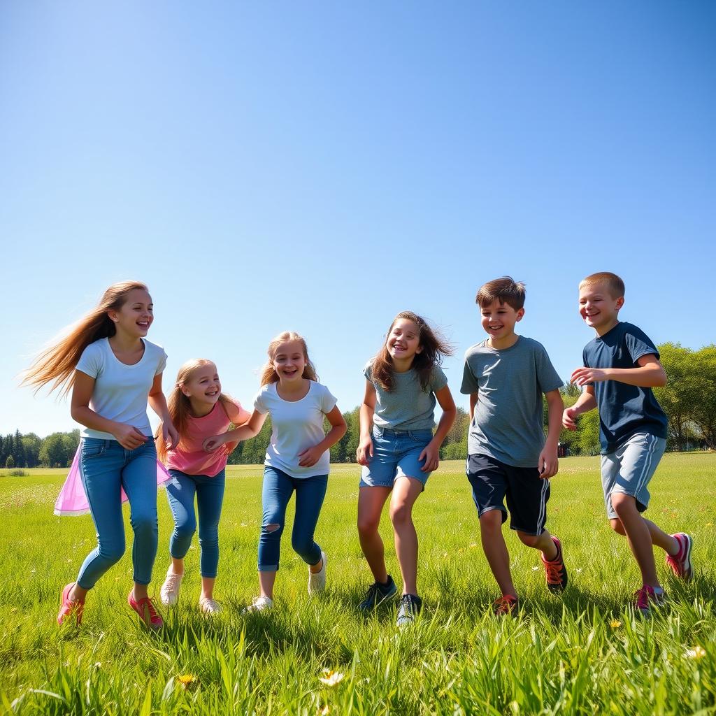 A joyful scene featuring a group of two girls and three boys, all middle schoolers, playing together in a grassy field under a bright blue sky