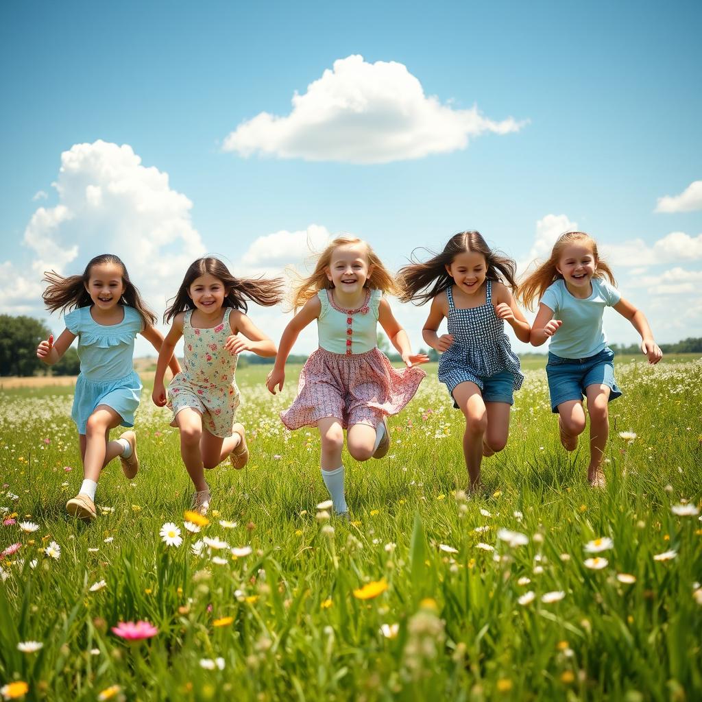 A group of five cheerful girls playing in a sunny green field, filled with wildflowers, laughter, and joy