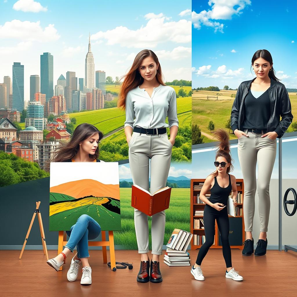A poignant scene of five young women, each in their distinct environments reflecting their individual lifestyles