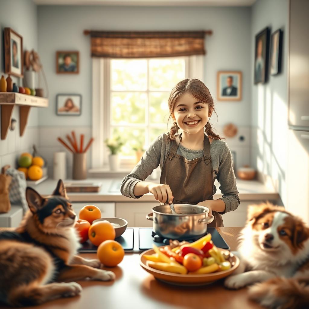 A caring girl in a bright and cozy kitchen, preparing a wholesome meal for her family