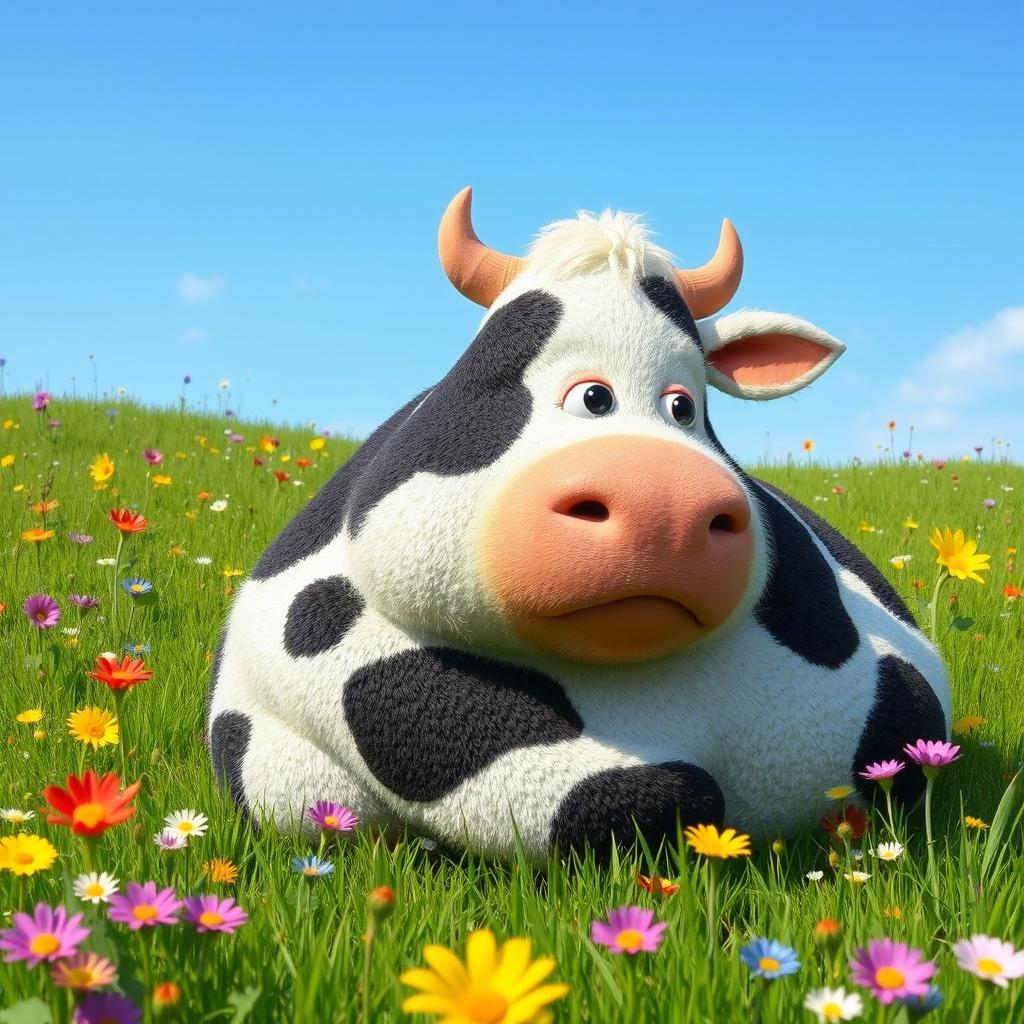 A whimsical creature that combines elements of a capybara and a cow, featuring the rounded body and facial expressions of a capybara, covered in a soft, textured coat that has the classic coloration of a cow with large patches of black and white