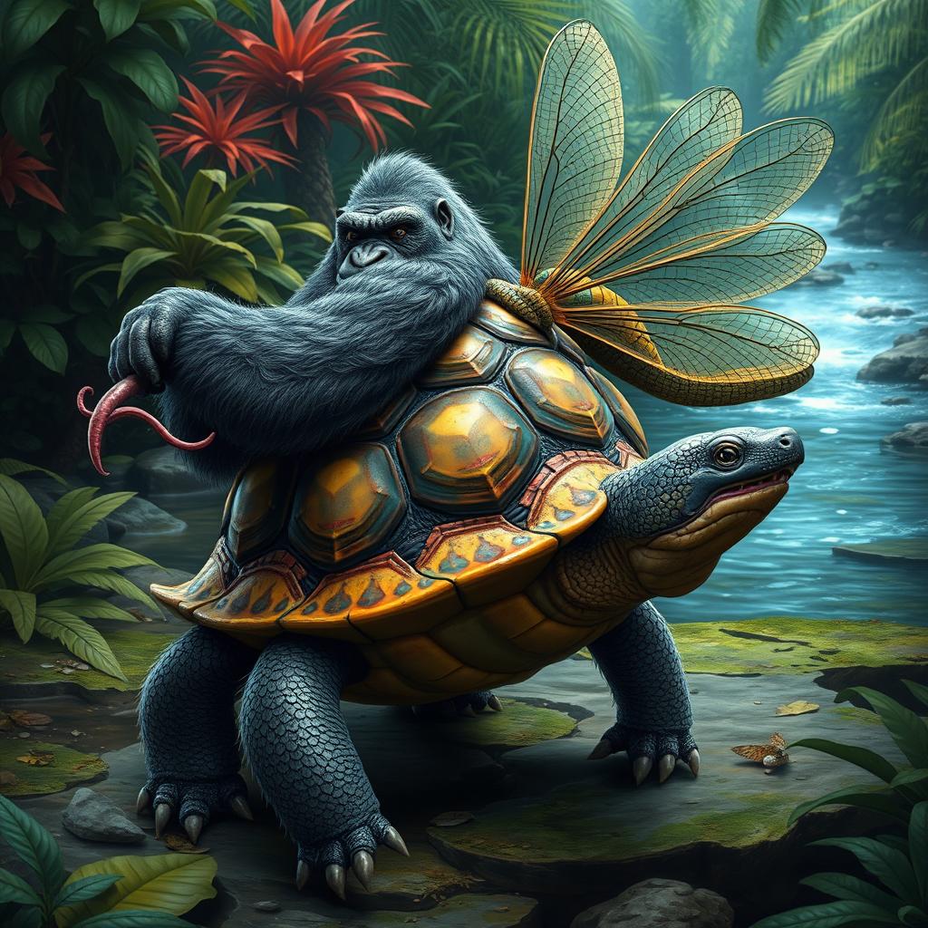 A fantastical creature, a blend of a turtle, gorilla, snake, shark, dragonfly, and capybara