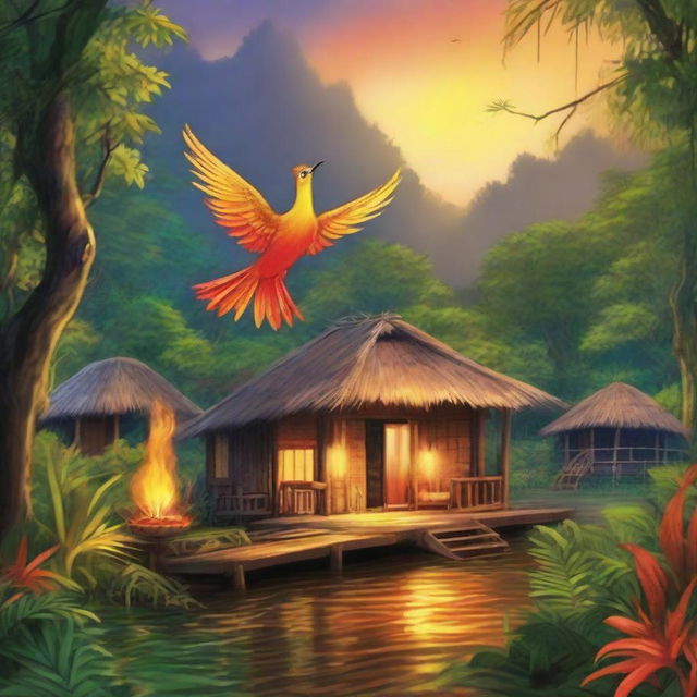 A petite firebird, radiant with warmth, distributing fire to three picturesque huts nestled amidst a dense, lush jungle. Indigenous people bask in their happiness as the fires illuminate their dwellings.
