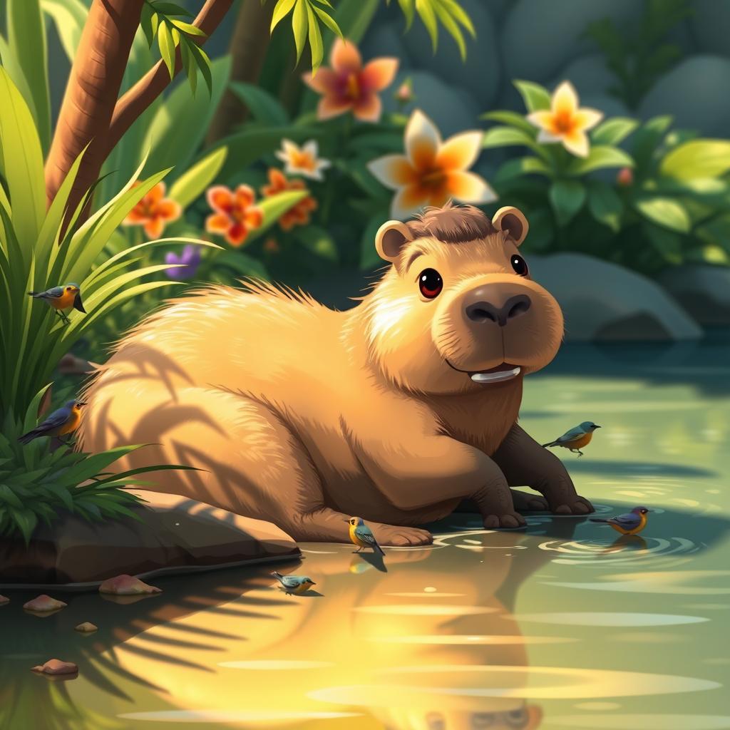 A charming capybara lounging in a serene natural habitat, surrounded by lush greenery and gentle water reflections