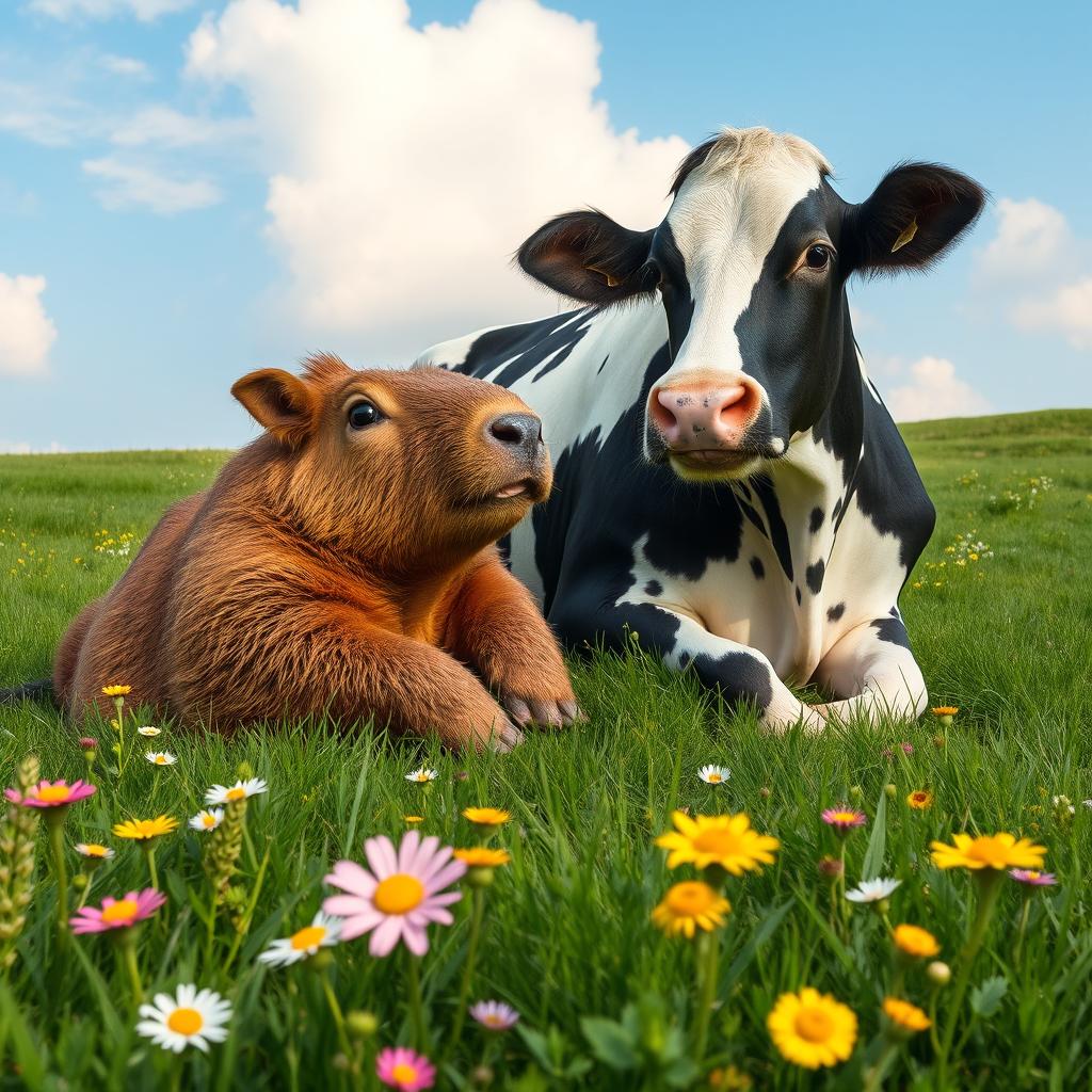 A captivating scene featuring a capybara and a cow in a serene countryside setting