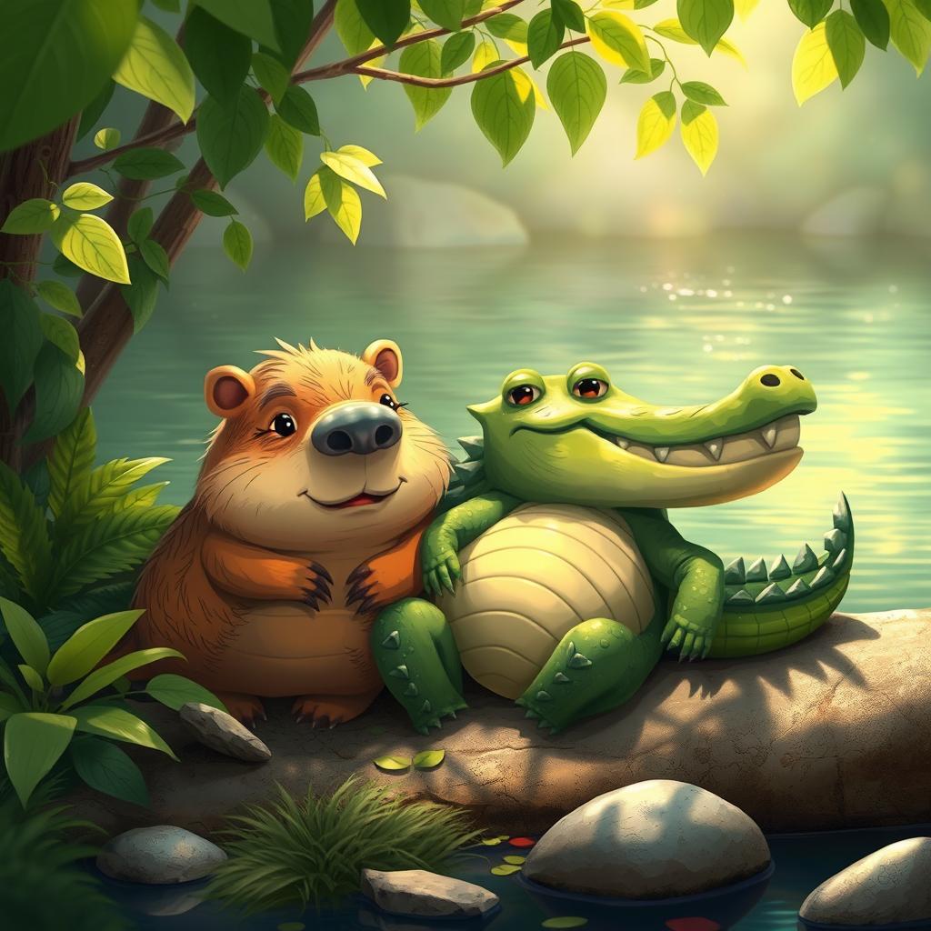 A whimsical and playful scene featuring a capybara and a crocodile lounging together by a serene riverbank