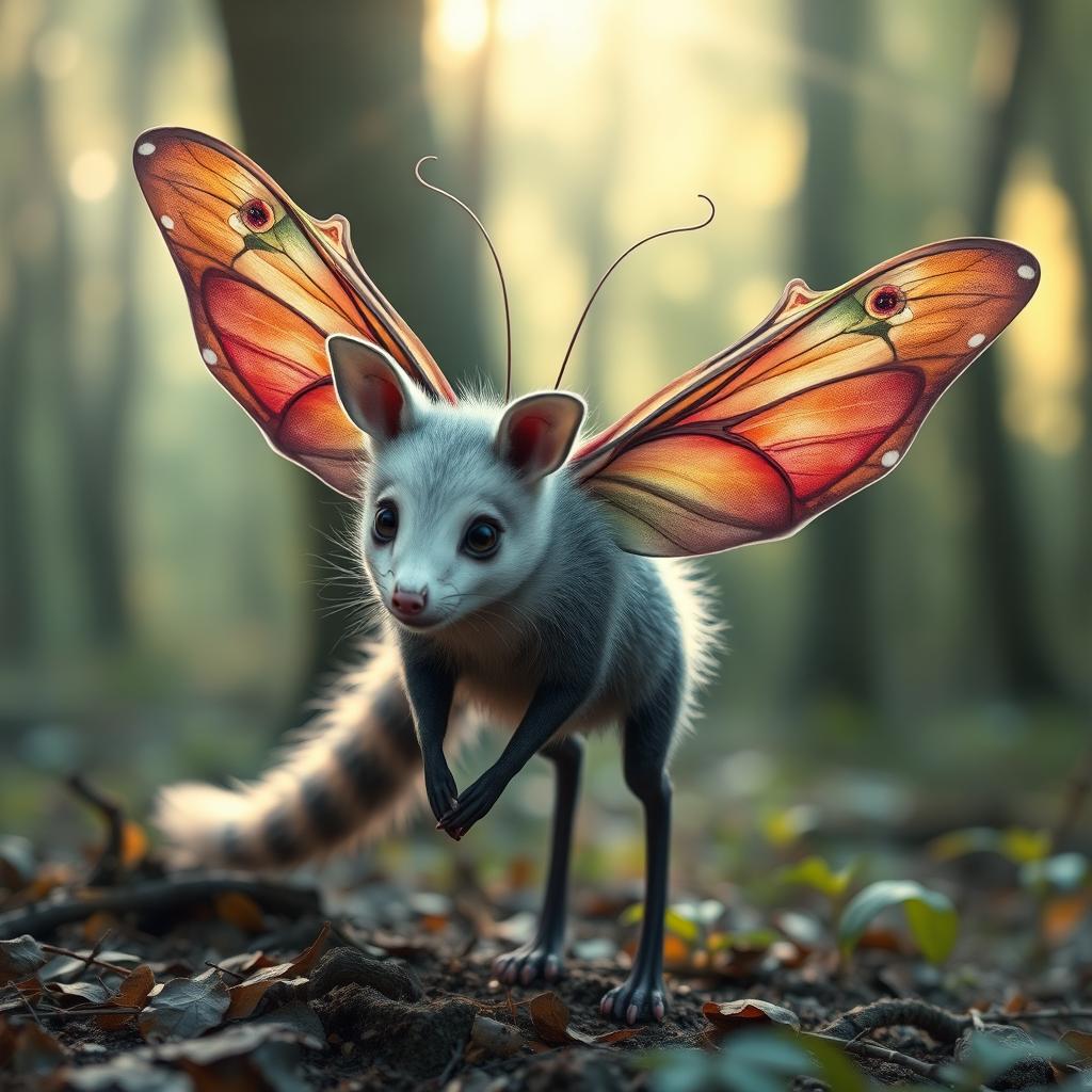 A whimsical creature that is half opossum, showcasing the furry body and cute face of an opossum