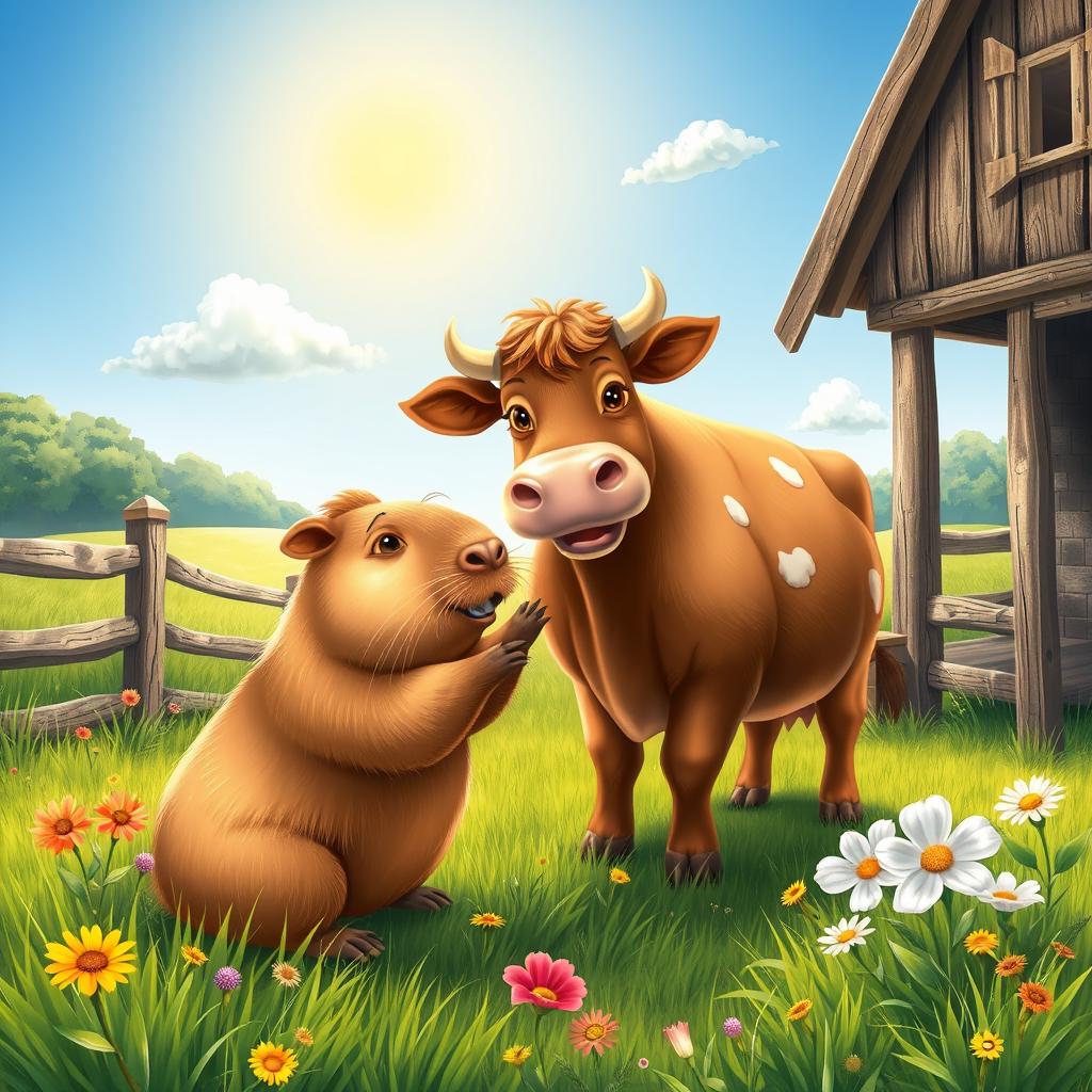 A delightful scene featuring a capybara and a cow in a picturesque farm setting