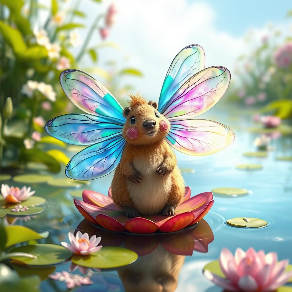 A whimsical fantasy creature that is a fusion of a dragonfly and a capybara
