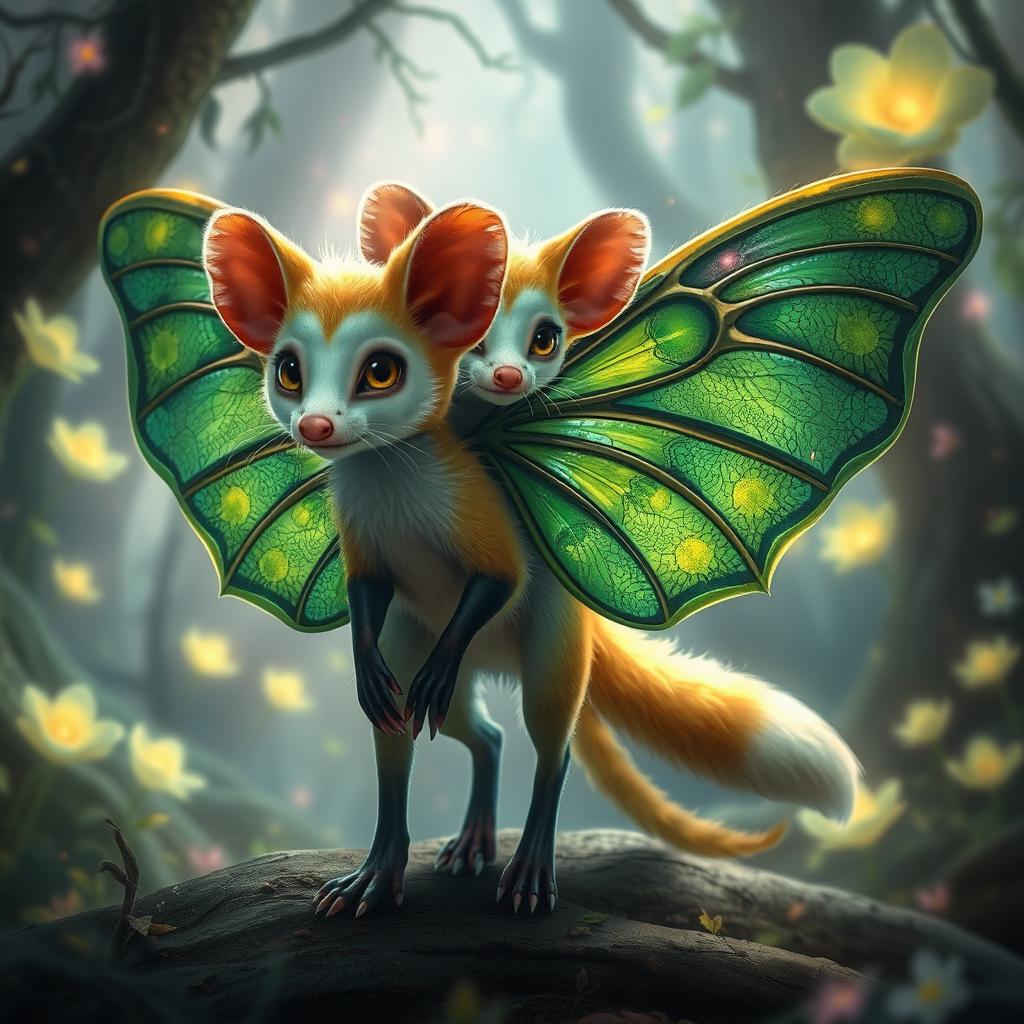 A fantastical creature that is a half opossum featuring bright, vivid fur and large expressive eyes, combined seamlessly with sleek fox legs and fox ears, giving it a playful and agile appearance