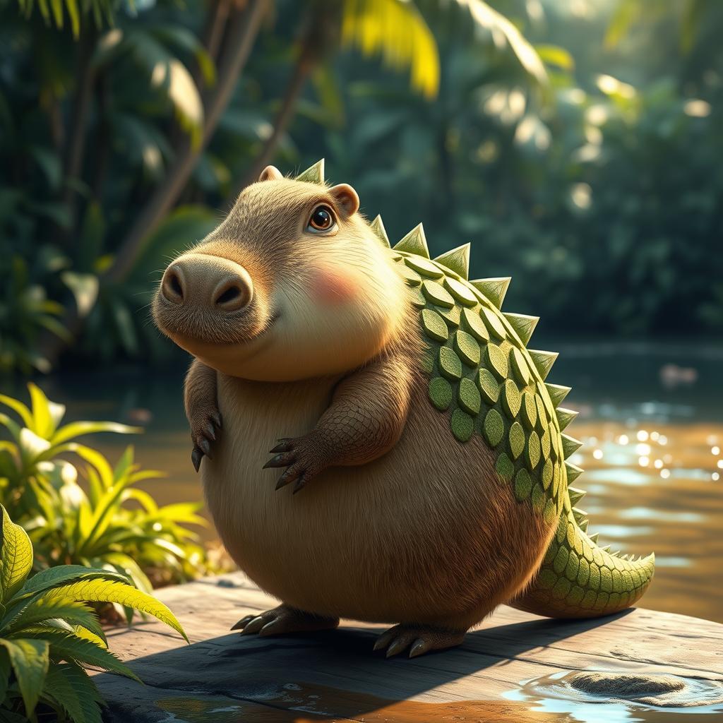 A creative fusion of a capybara and a crocodile, resulting in a whimsical creature that combines the gentle features of a capybara with the scaly texture and elongated body of a crocodile