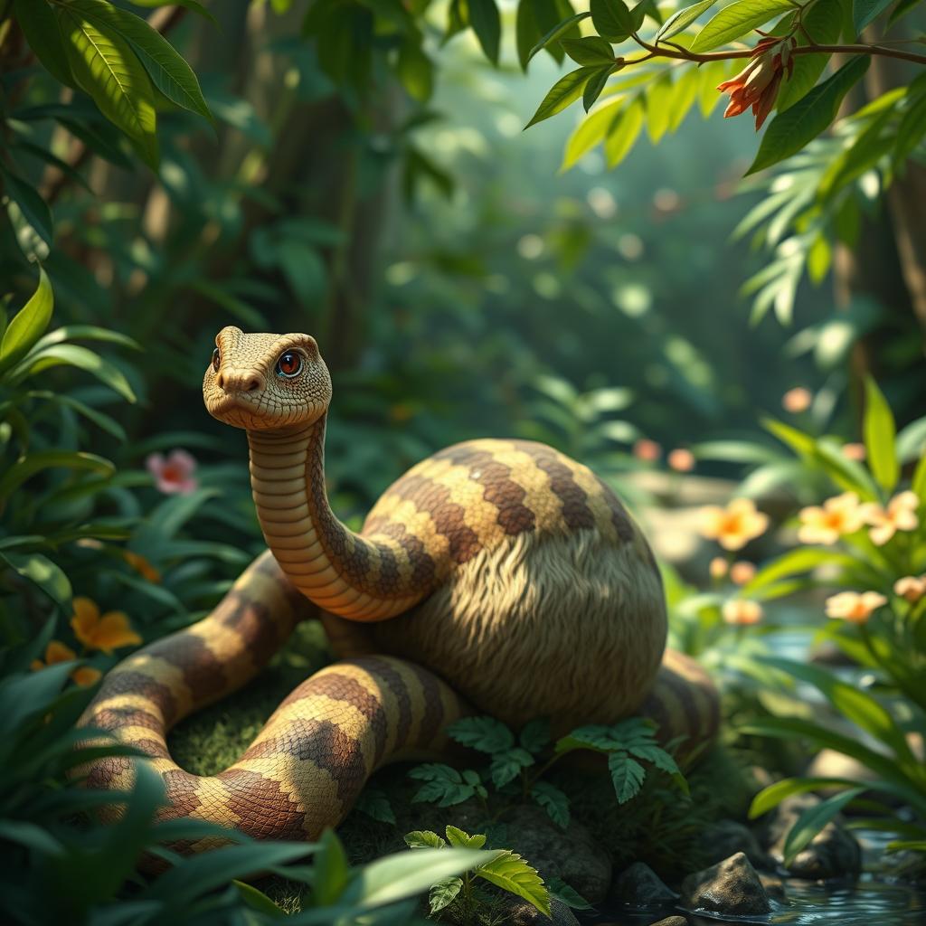 A fantastical creature that is a fusion of a snake and a capybara, featuring the elongated, scaly body of a snake seamlessly transitioning into the rounded, furry body of a capybara