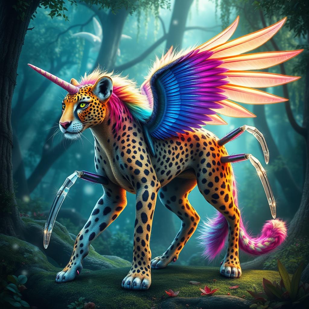 A fantastical creature that is a mix of a leopard and a unicorn, with the sleek body of a cheetah, the grace of a lion, and the intriguing features of a spider