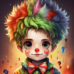 Create a medium-shot anime-style chibi masterpiece of a boy dressed as a clown. He needs to have a colorful clown wig, red nose, painted face, and wearing a neutral green oversized t-shirt. Ideal as a Twitch emote logo.