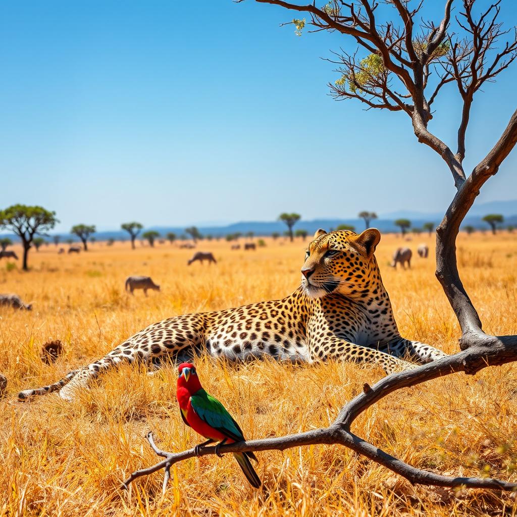 A majestic leopard lounging in a sun-drenched savannah, its golden-spotted coat glistening in the sunlight