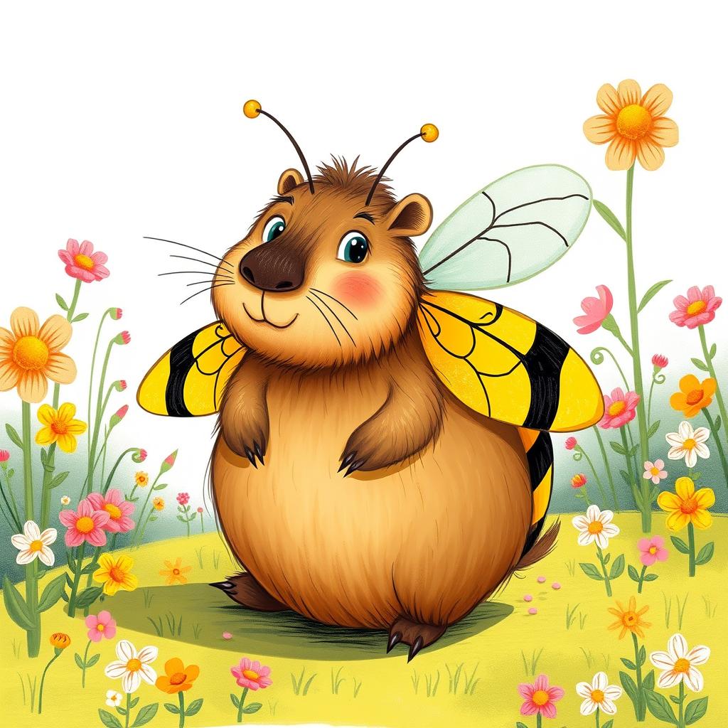 A whimsical illustration of a hybrid animal that is a creative blend of a capybara and a bee