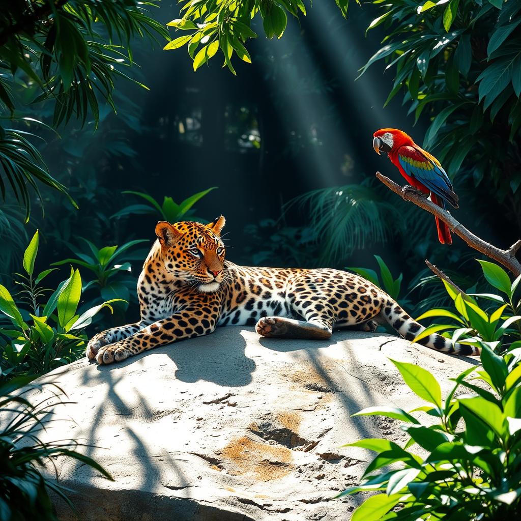 A majestic leopard lounging on a sunlit rock in a lush green jungle, with vibrant foliage surrounding it