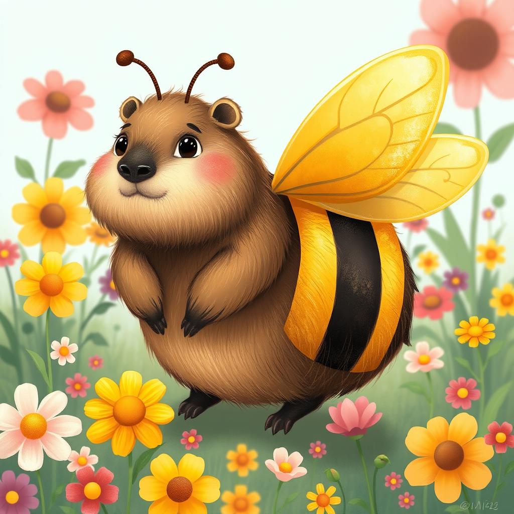A charming and whimsical illustration of a hybrid animal that combines the features of a capybara and a bee
