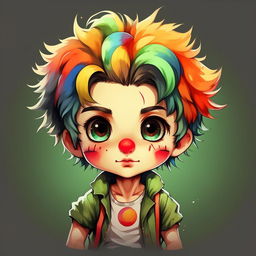 Create a medium-shot anime-style chibi masterpiece of a boy dressed as a clown. He needs to have a colorful clown wig, red nose, painted face, and wearing a neutral green oversized t-shirt. Ideal as a Twitch emote logo.