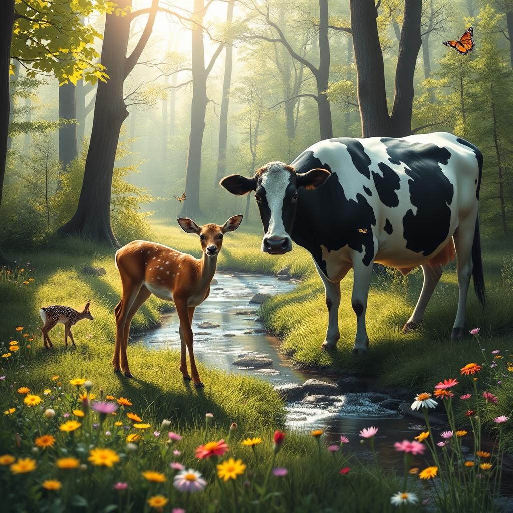 A serene forest scene featuring a deer and a cow peacefully grazing together