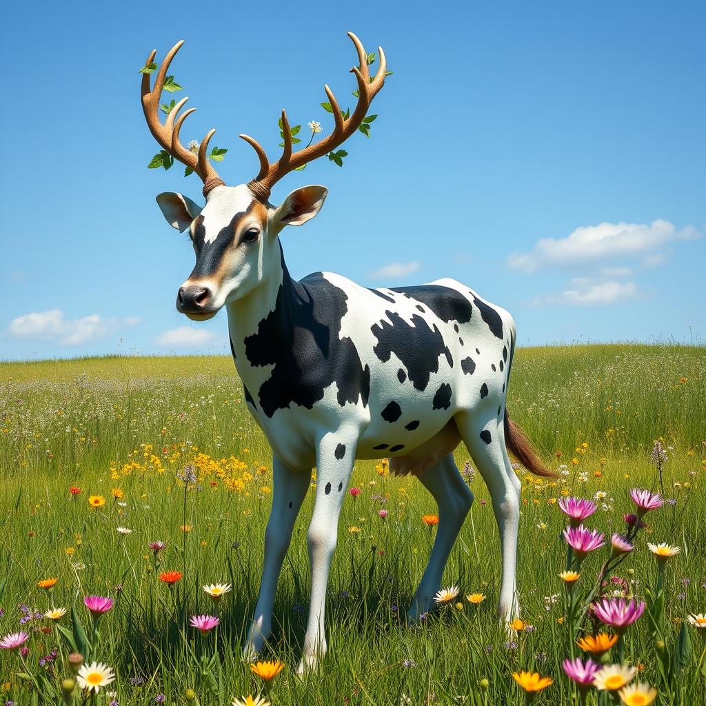 A fantastical creature that is a hybrid of a deer and a cow, featuring the graceful body of a deer with the sturdy build of a cow