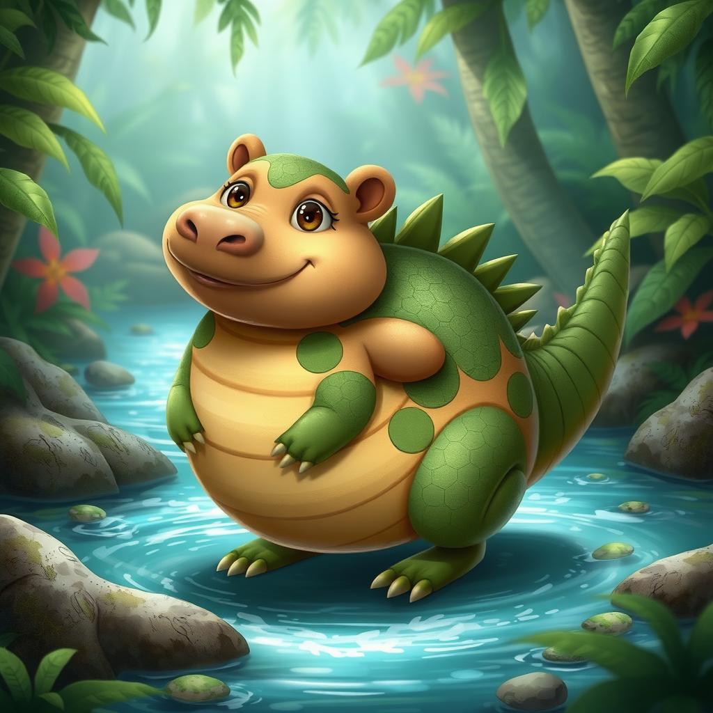 An imaginative creature that is a fusion of a capybara and a crocodile, featuring a soft and rounded body similar to a capybara, covered in green, scaly patches reminiscent of a crocodile
