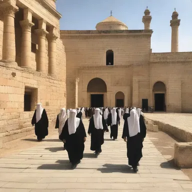 The pilgrims walked anteriorly towards the holy site.