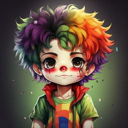 Create a medium-shot anime-style chibi masterpiece of a boy dressed as a clown. He needs to have a colorful clown wig, red nose, painted face, and wearing a neutral green oversized t-shirt. Ideal as a Twitch emote logo.