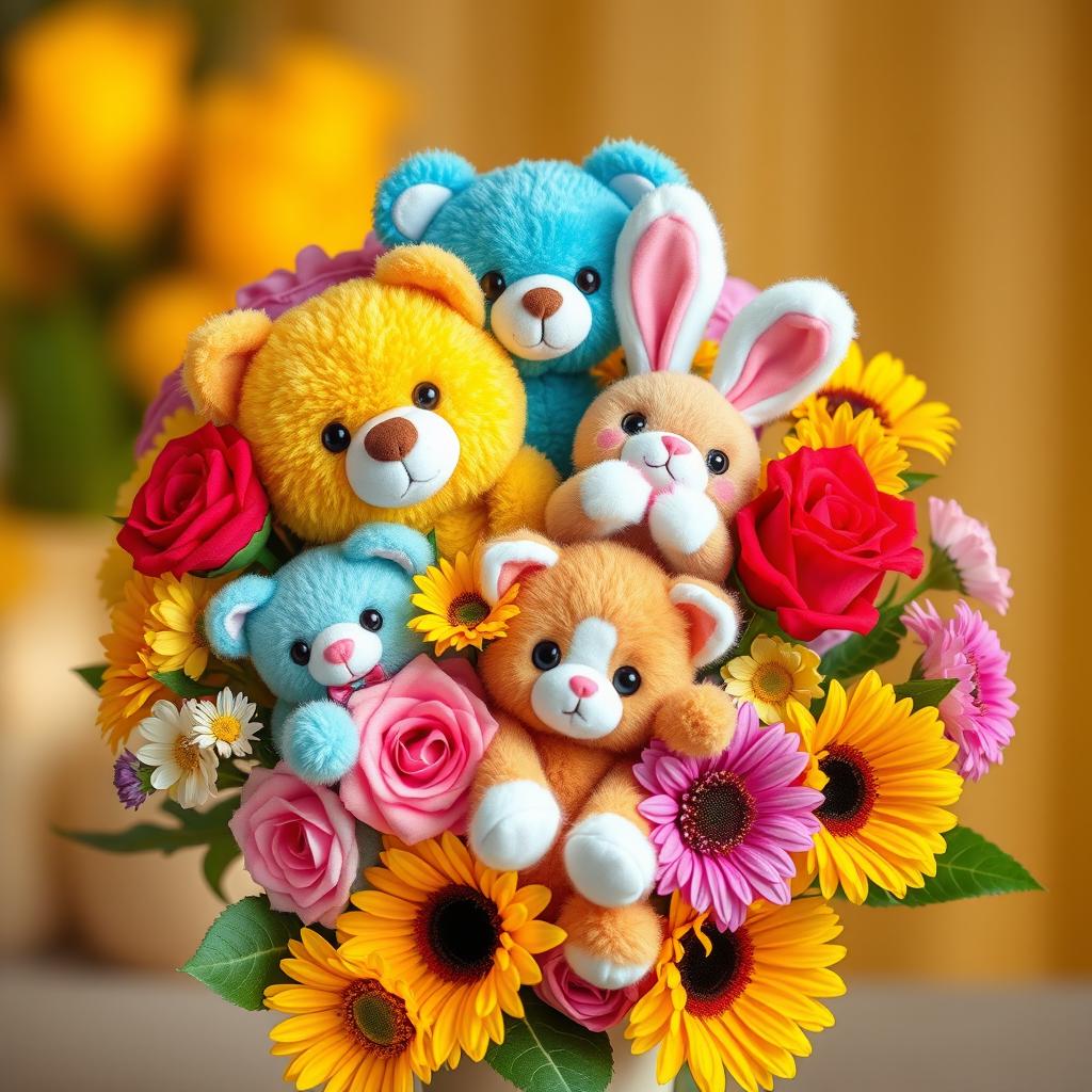 A whimsical bouquet made up of colorful plushies in the shape of various animals, such as a cute bear, a fluffy bunny, and a playful kitten