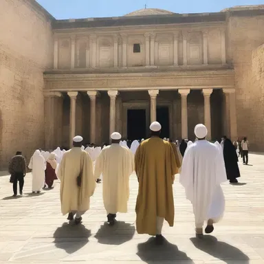 The pilgrims walked anteriorly towards the holy site.