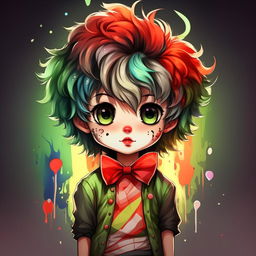 Create a medium-shot anime-style chibi masterpiece of a boy dressed as a clown. He needs to have a colorful clown wig, red nose, painted face, and wearing a neutral green oversized t-shirt. Ideal as a Twitch emote logo.