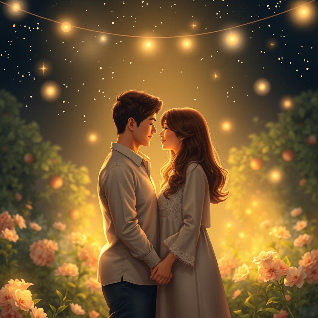 A romantic scene depicting two lovers standing close together under a starry night sky, surrounded by soft glowing lights, with warm colors illuminating their faces