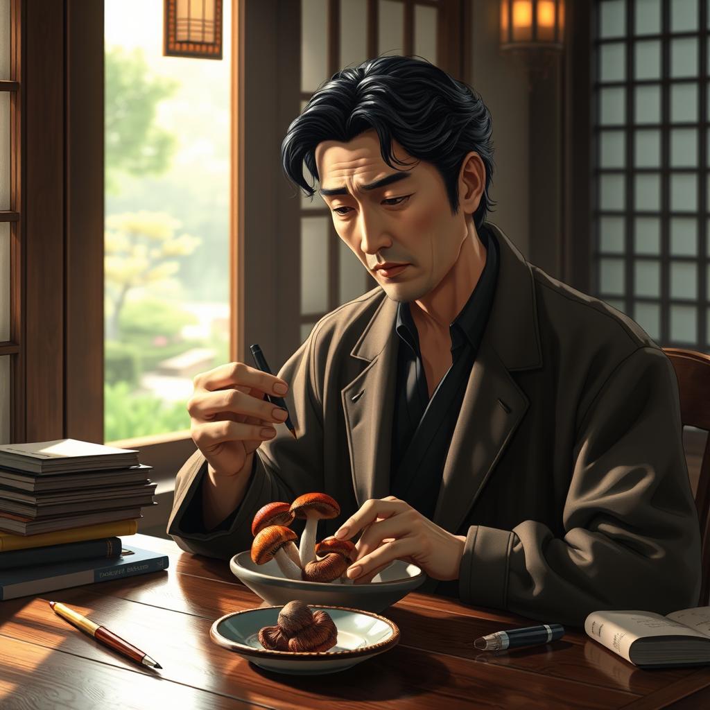 A serene indoor setting featuring Dazai Osamu, a handsome Japanese man with wavy, dark hair and a stylish outfit, sitting at a wooden table