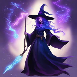 A mystical witch wielding a staff that sparkles with blue and purple lightning.