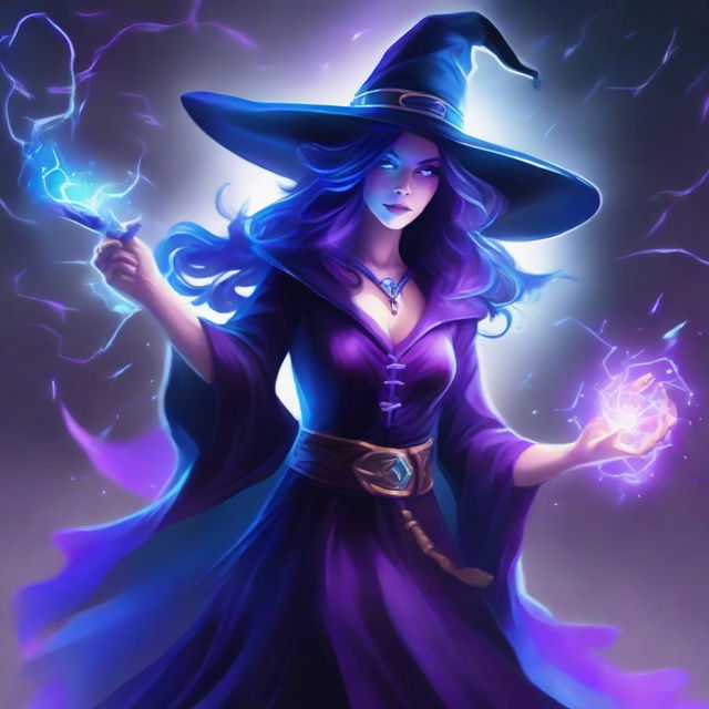 A mystical witch wielding a staff that sparkles with blue and purple lightning.