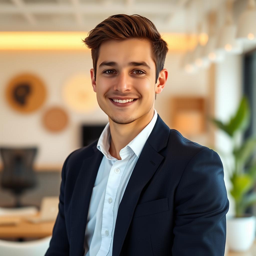 A portrait of a young professional man, featuring warm lighting and a soft-focus background
