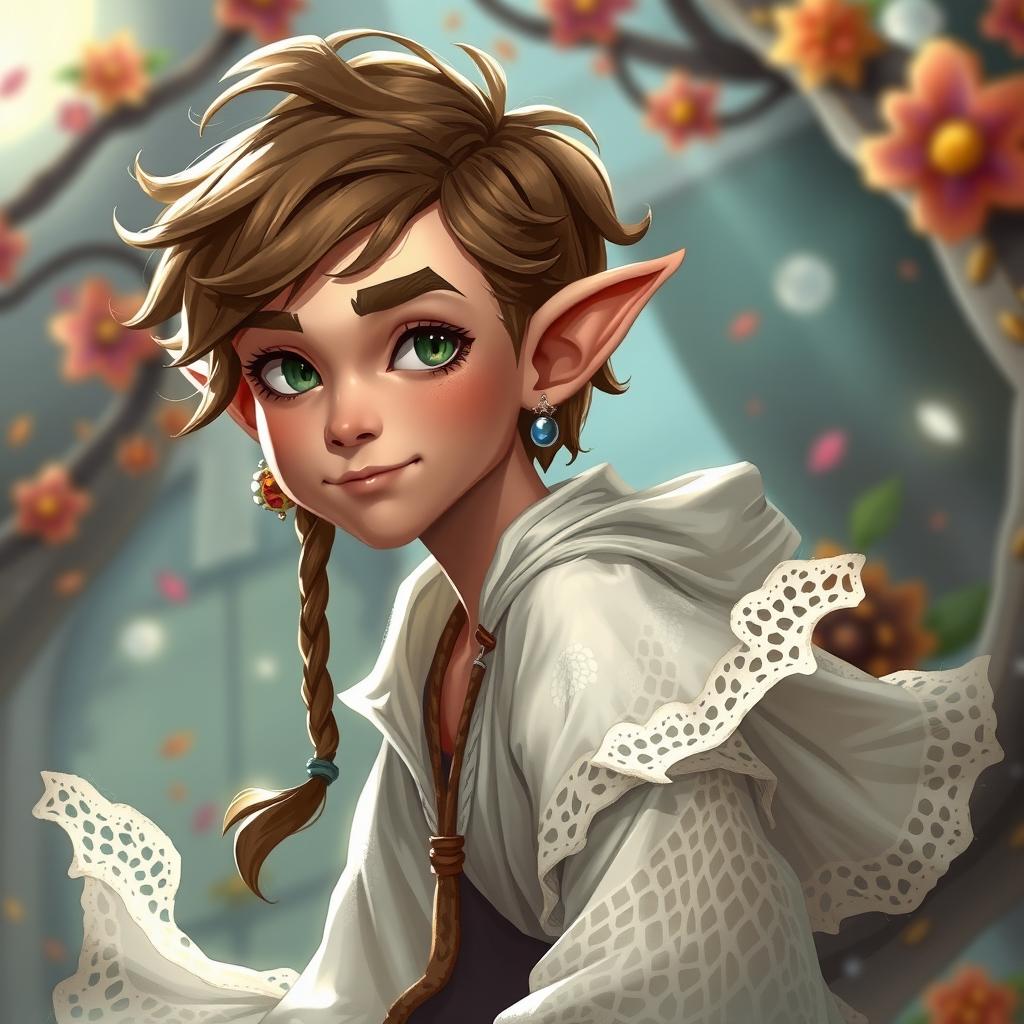 A fantasy character design inspired by the young man in the photo, depicted as a rogue halfling