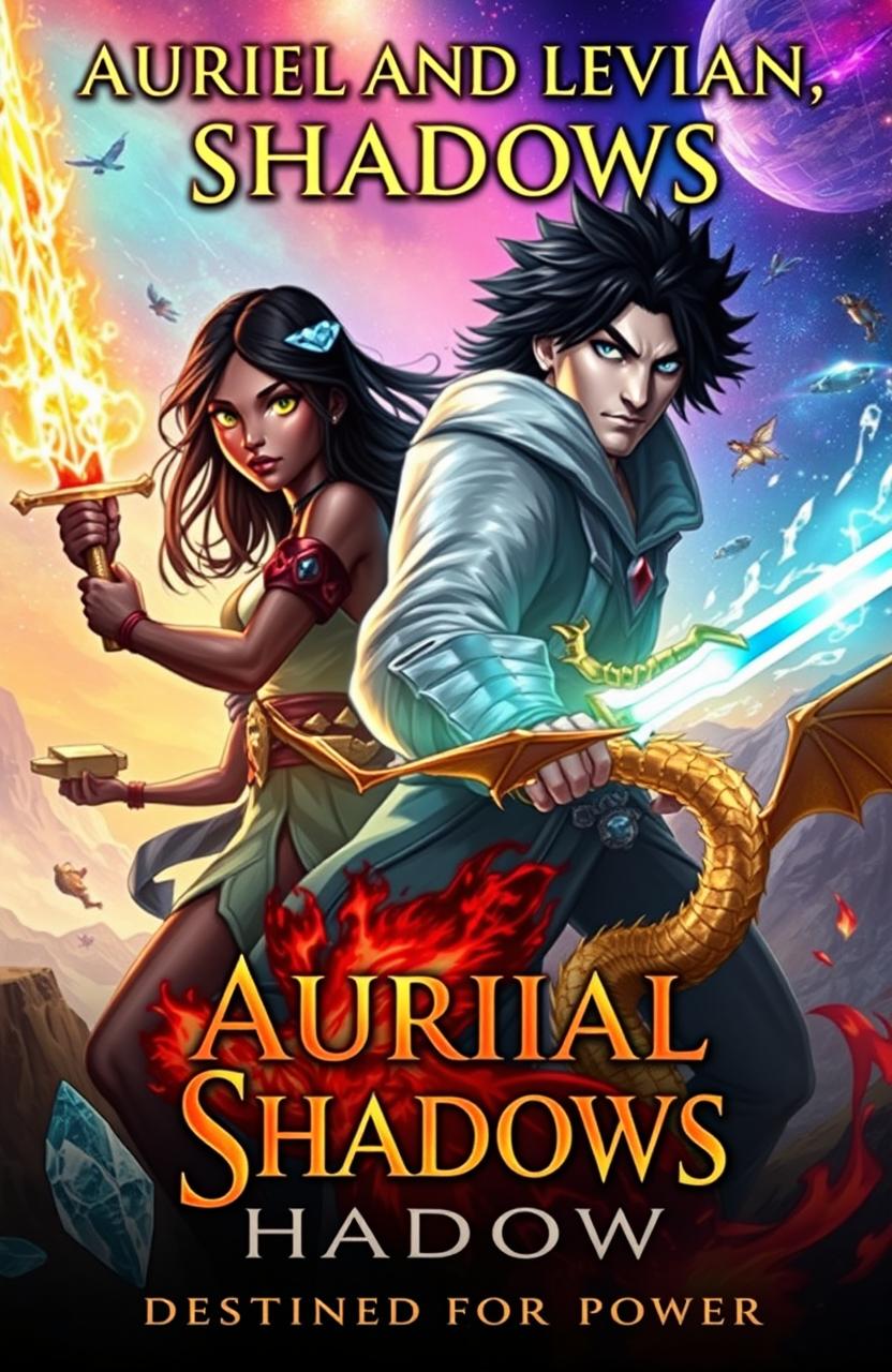 A captivating book cover illustration featuring two main characters: Auriel, a young, beautiful black woman with glowing eyes representing the universe, wielding a sword made of fire and magic, and her twin brother Levian, a striking white man radiating power with a sword made of diamonds etched with flaming fire