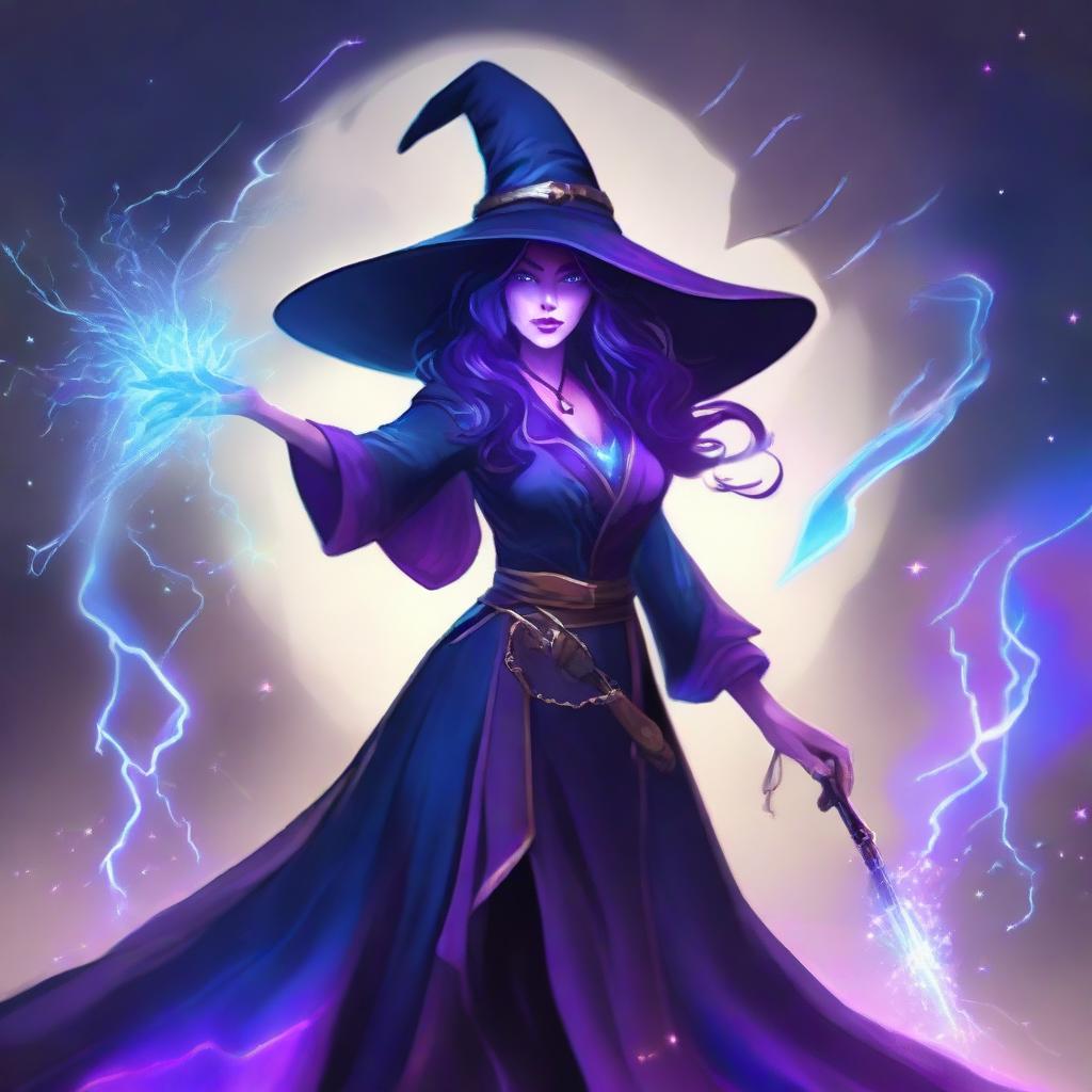 A mystical witch wielding a staff that sparkles with blue and purple lightning.