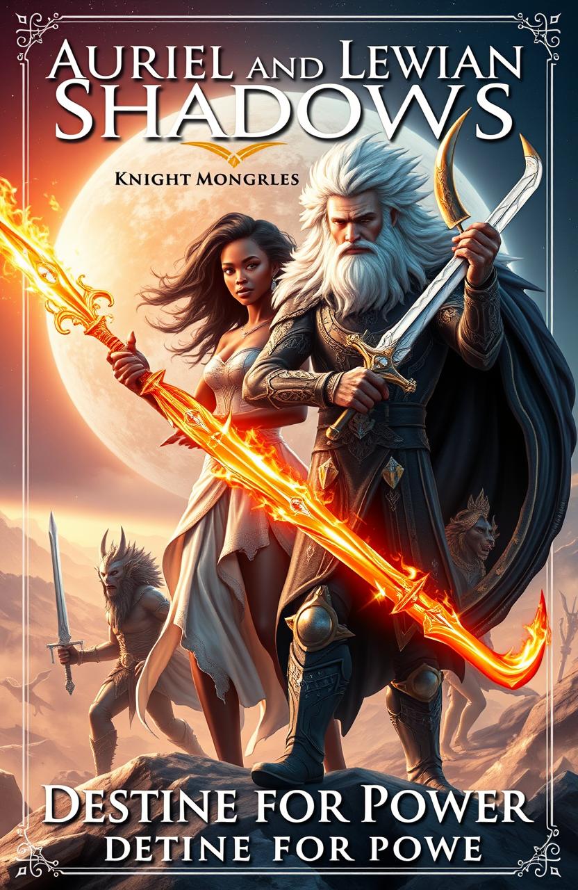 A stunning book cover titled 'Auriel and Levian Shadows, Knight-Mongrels' with the subtitle 'Destined for Power'