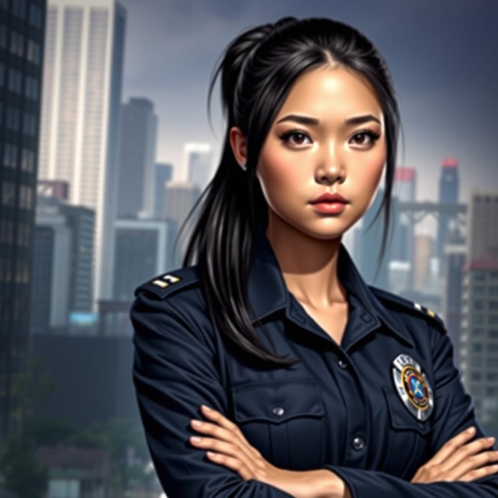 A portrait of Lucy Chen, a young and determined police officer, in a realistic style