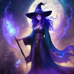 A mystical witch wielding a staff that sparkles with blue and purple lightning.