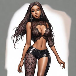 A high-quality digital art of a dark-skinned woman with long brown hair, dressed in a lace top and black latex pants