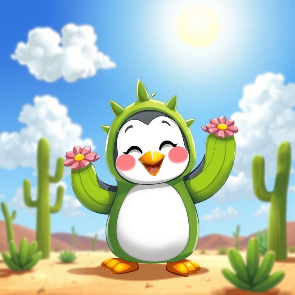 A whimsical, cartoon-style penguin character wearing a vibrant green cactus costume, complete with spikes and flowers, standing cheerfully in a desert landscape
