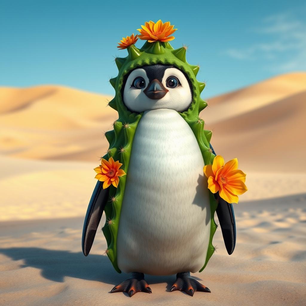 A realistic depiction of a penguin wearing a detailed cactus costume, designed to mimic the texture and colors of a cactus including vivid green spikes and vibrant desert flowers